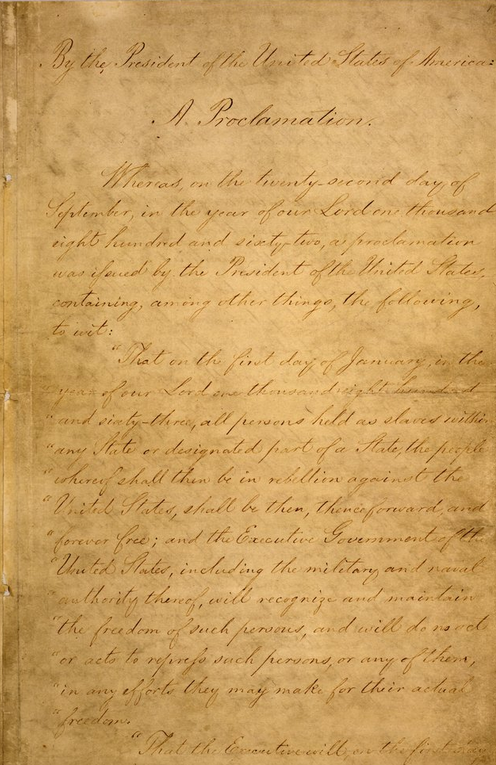 صفحة 1 من وثيقة إعلان تحرير العبيد بأمريكا