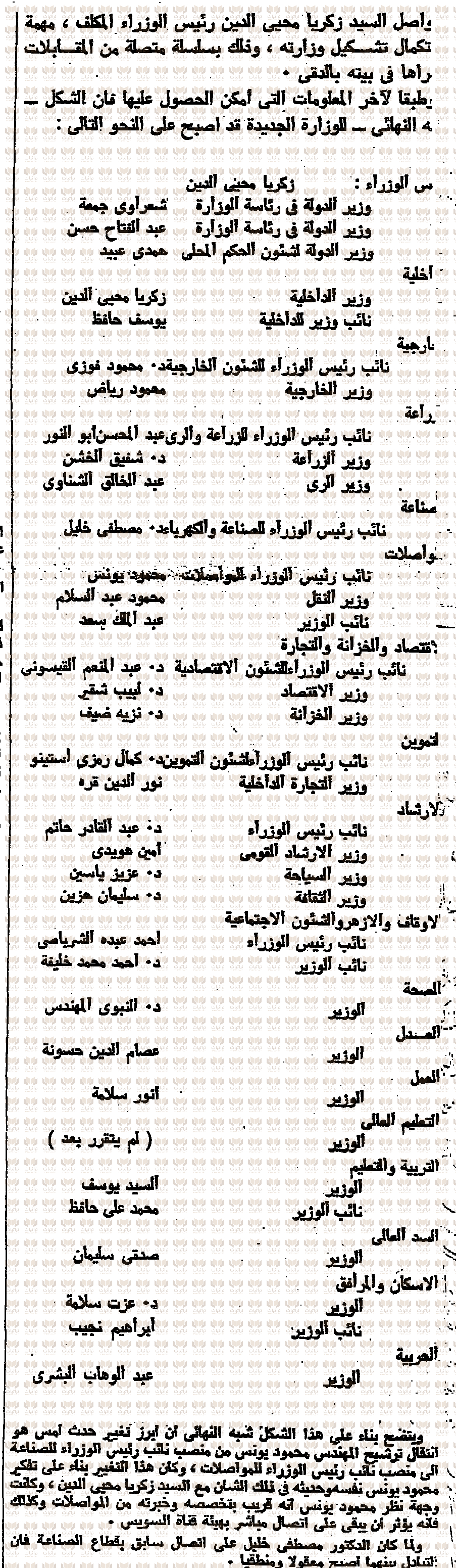 اسم الدكتور شفيق علي الخشن في تشكيل حكومة زكريا محي الدين 1 أكتوبر 1965 